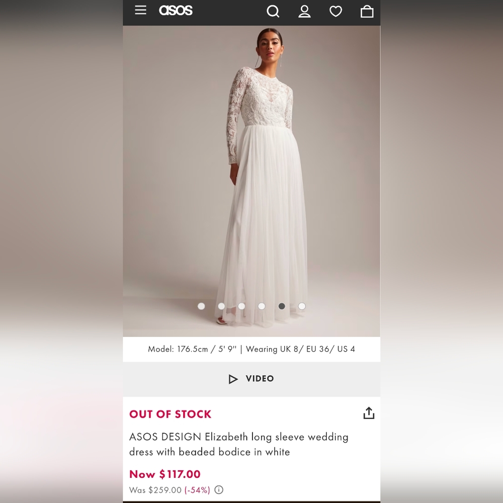 NWOT ASOS Bridal Long Sleeve Beaded Wedding Dress Sz 6